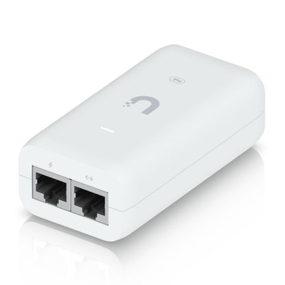 Ubiquiti U-POE-injektor 15W, hvid, til Ethernet-port, LED-indikator og Ubiquiti-logo, understøtter 802.3af PoE.