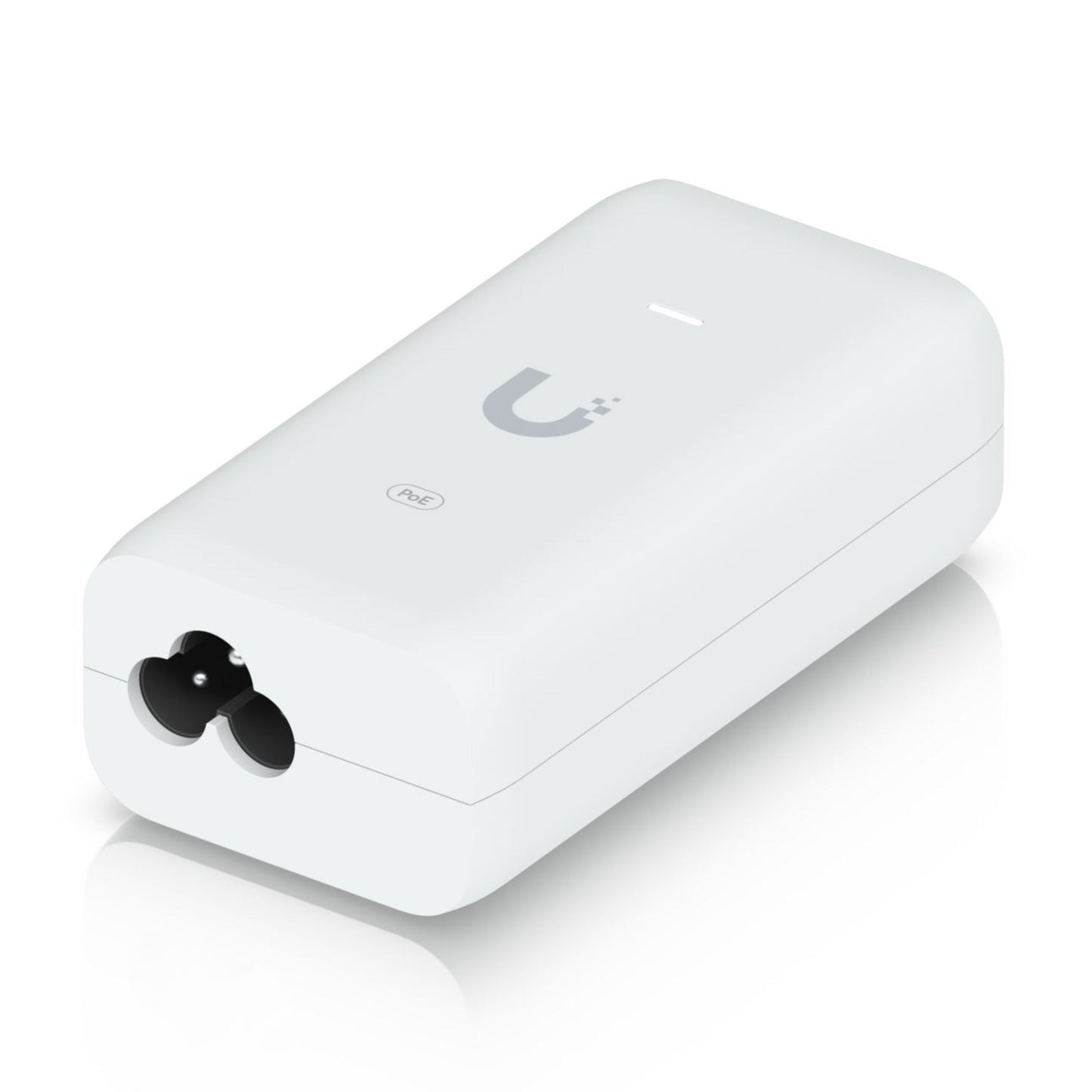 Ubiquiti U-POE injektor 15W, hvid, rektangulær med afrundede kanter, logo på toppen, strømindgangsport, 802.3af PoE-understøttelse.