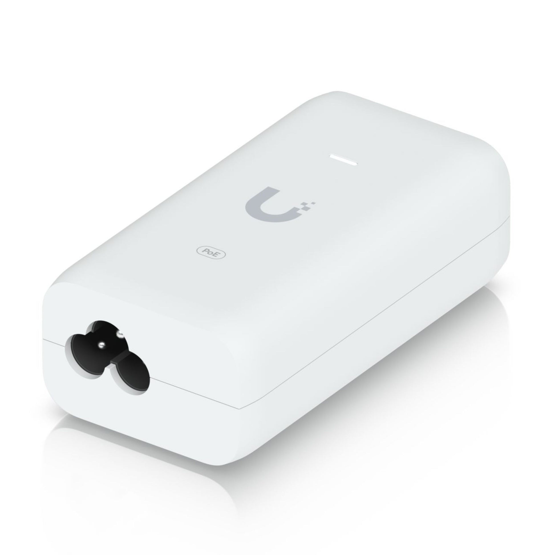Ubiquiti U-POE injektor 15W, hvid, rektangulær med afrundede kanter, logo på toppen, strømindgangsport, 802.3af PoE-understøttelse.