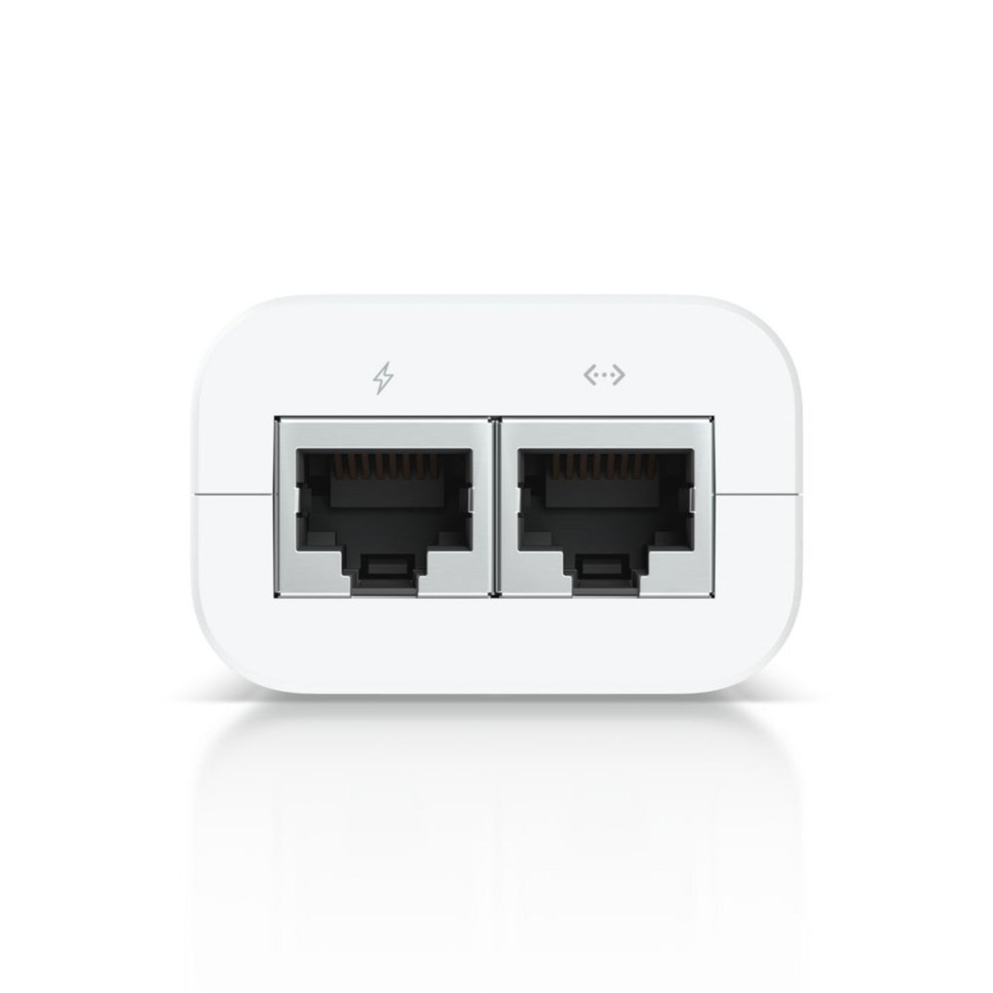Ubiquiti U-POE-injektor 15W, hvid, med to Ethernet-porte, lyn og pil-i-boks-symbol, 802.3af PoE.