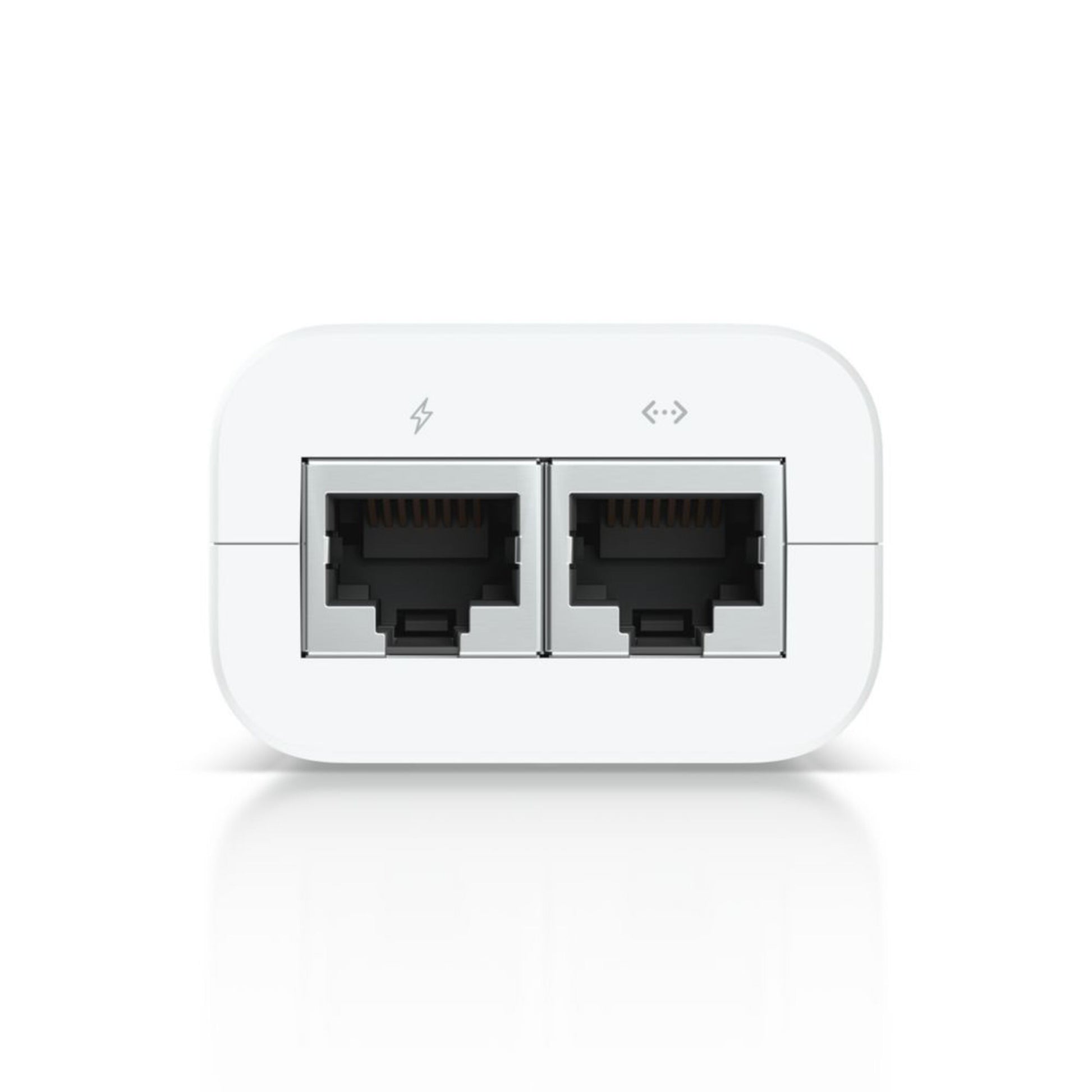 Ubiquiti U-POE-injektor 15W, hvid, med to Ethernet-porte, lyn og pil-i-boks-symbol, 802.3af PoE.