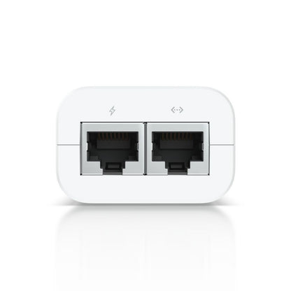 Ubiquiti U-POE-injektor 15W, hvid, med to Ethernet-porte, lyn og pil-i-boks-symbol, 802.3af PoE.