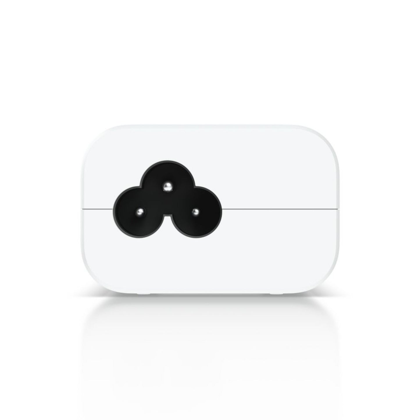 Ubiquiti U-POE injektor 15W, hvid rektangulær adapter med sort trebenet stik til venstre, 802.3af kompatibel.