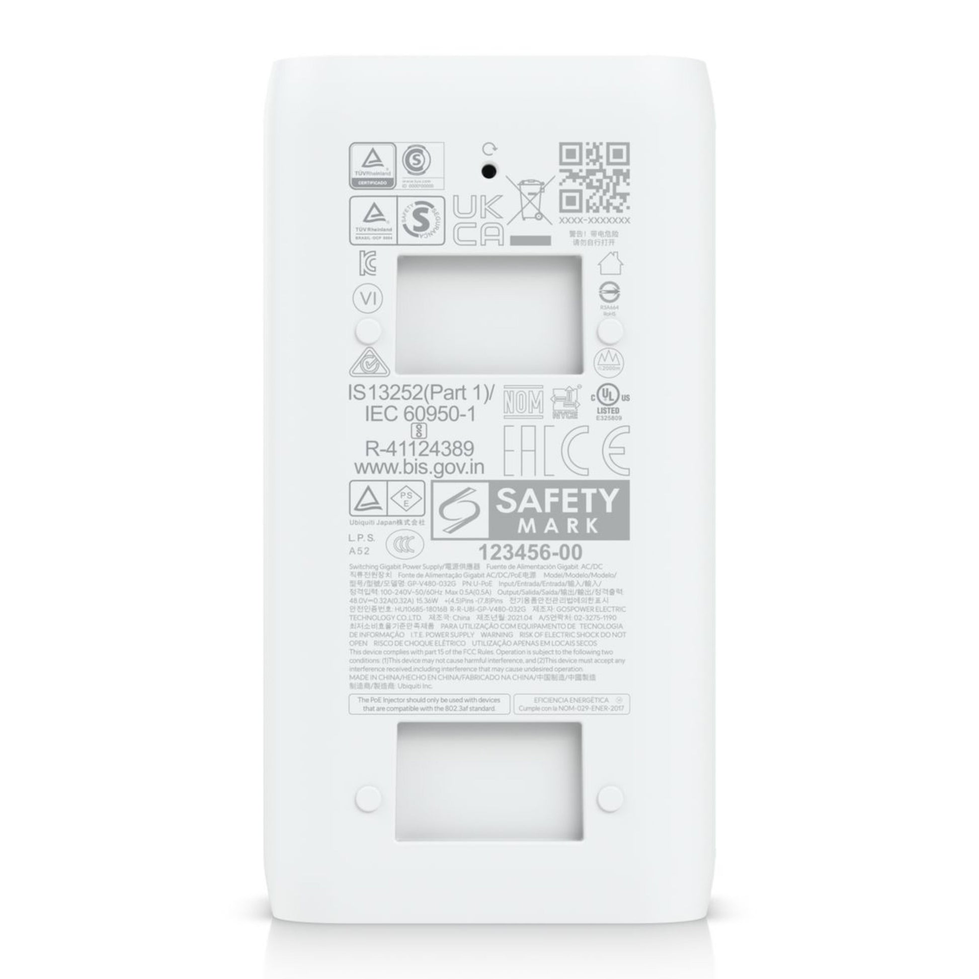 Ubiquiti U-POE-injektor 15W hvid, 802.3af PoE, TÜV Rheinland UL CE UKCA godkendelser.