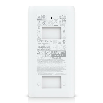 Ubiquiti U-POE-injektor 15W hvid, 802.3af PoE, TÜV Rheinland UL CE UKCA godkendelser.