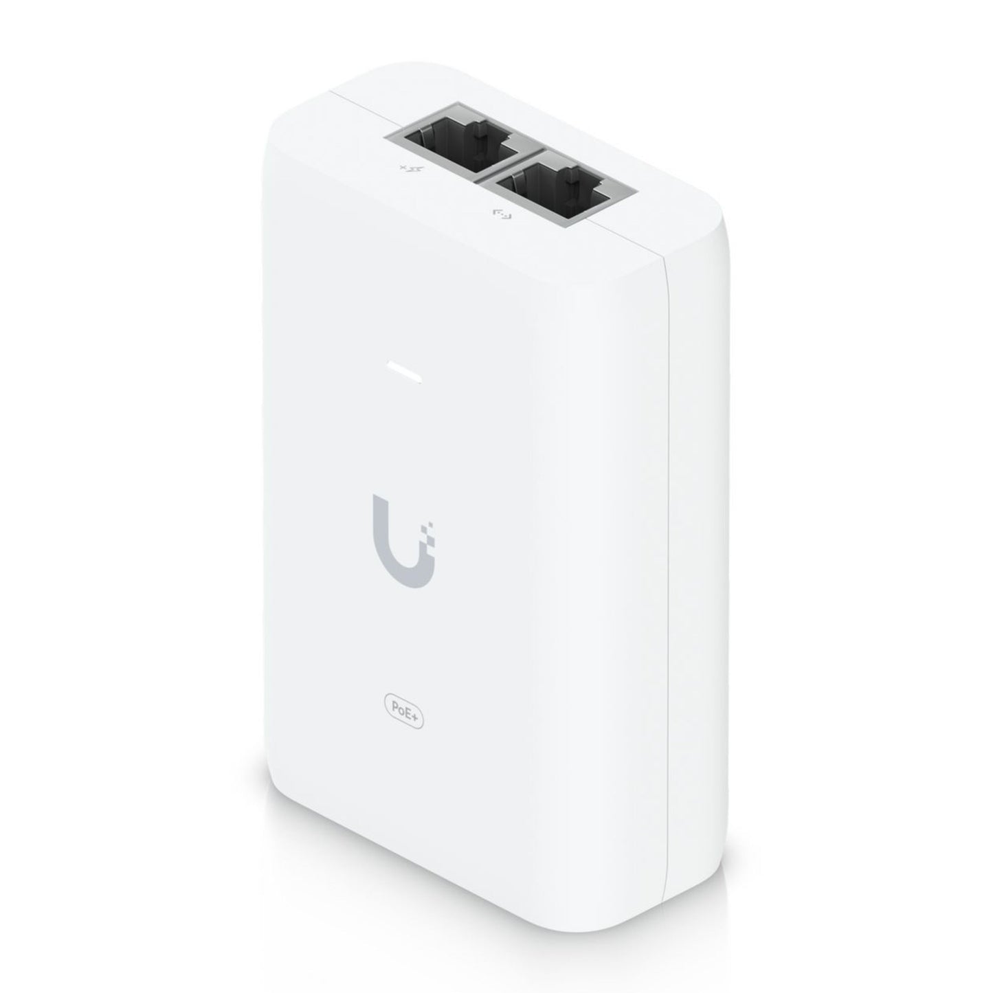 Ubiquiti U-POE+ injektor 30W, hvid med afrundede kanter, to Ethernet-porte på toppen og logo foran.