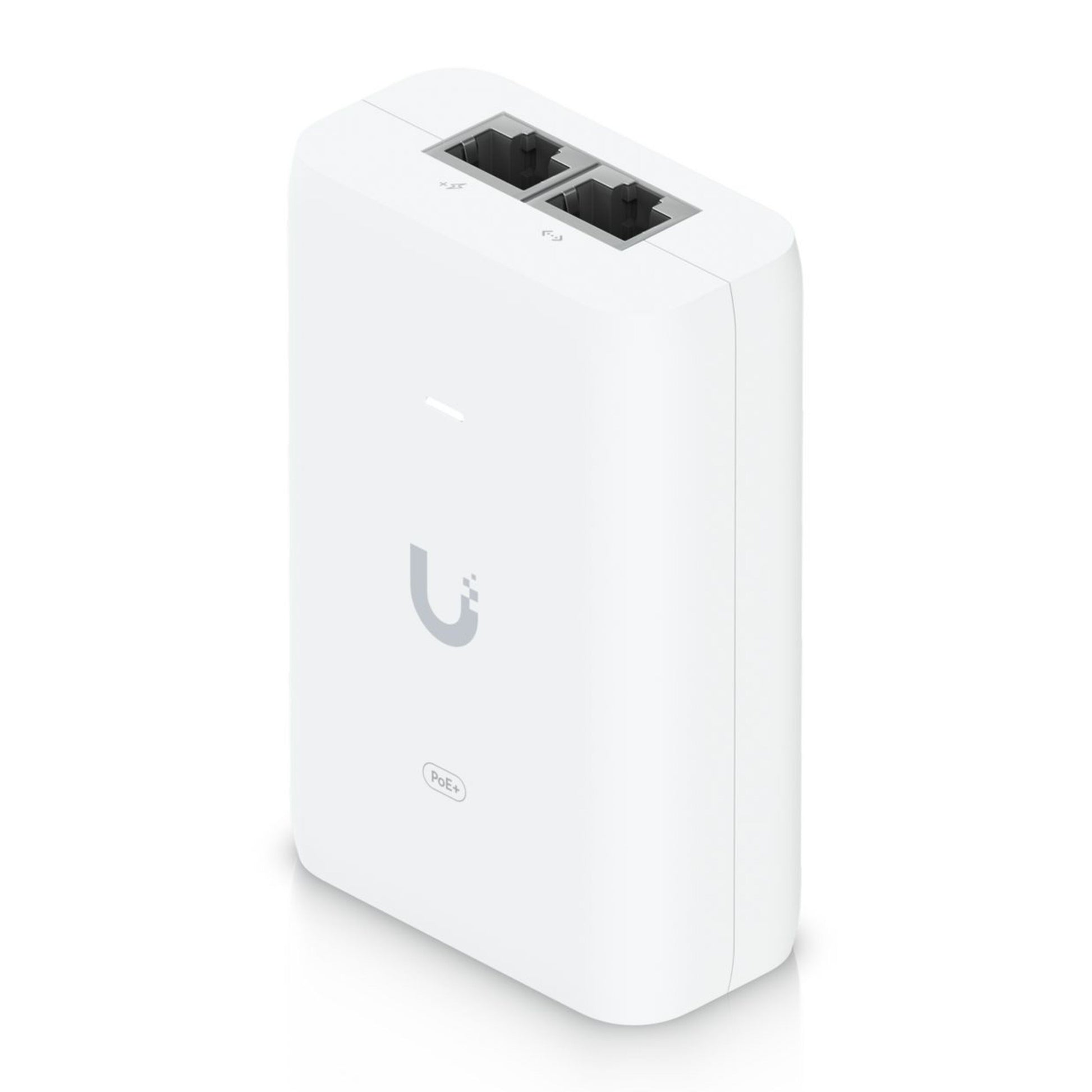 Ubiquiti U-POE+ injektor 30W, hvid med afrundede kanter, to Ethernet-porte på toppen og logo foran.