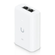 Ubiquiti U-POE+ injektor 30W, hvid med afrundede kanter, to Ethernet-porte på toppen og logo foran.