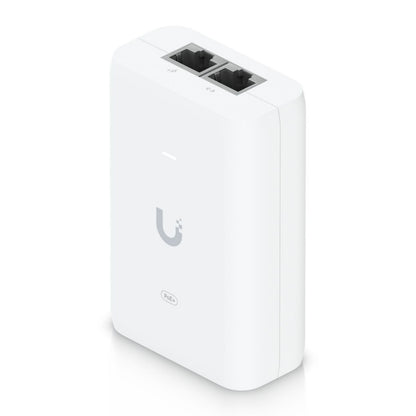 Ubiquiti U-POE+ injektor 30W, hvid med afrundede kanter, to Ethernet-porte på toppen og logo foran.
