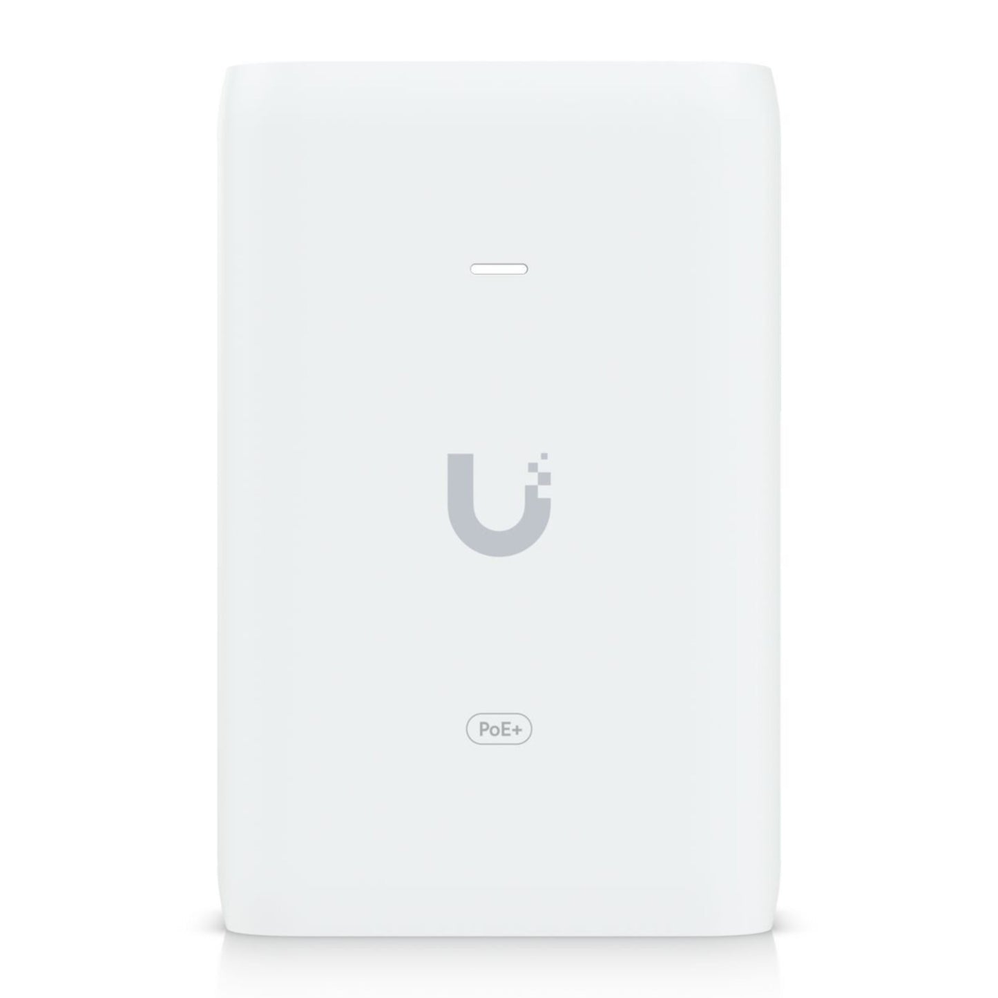Ubiquiti U-POE+ injektor 30W hvid, rektangulær med "U"-logo, lille LED-indikator og PoE+ label.