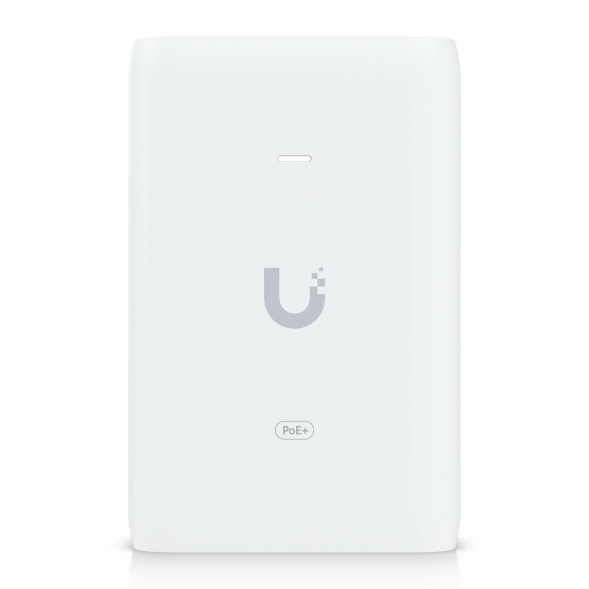 Ubiquiti U-POE+ injektor 30W hvid, rektangulær med "U"-logo, lille LED-indikator og PoE+ label.