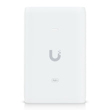 Ubiquiti U-POE+ injektor 30W hvid, rektangulær med "U"-logo, lille LED-indikator og PoE+ label.