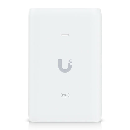 Ubiquiti U-POE+ injektor 30W hvid, rektangulær med "U"-logo, lille LED-indikator og PoE+ label.