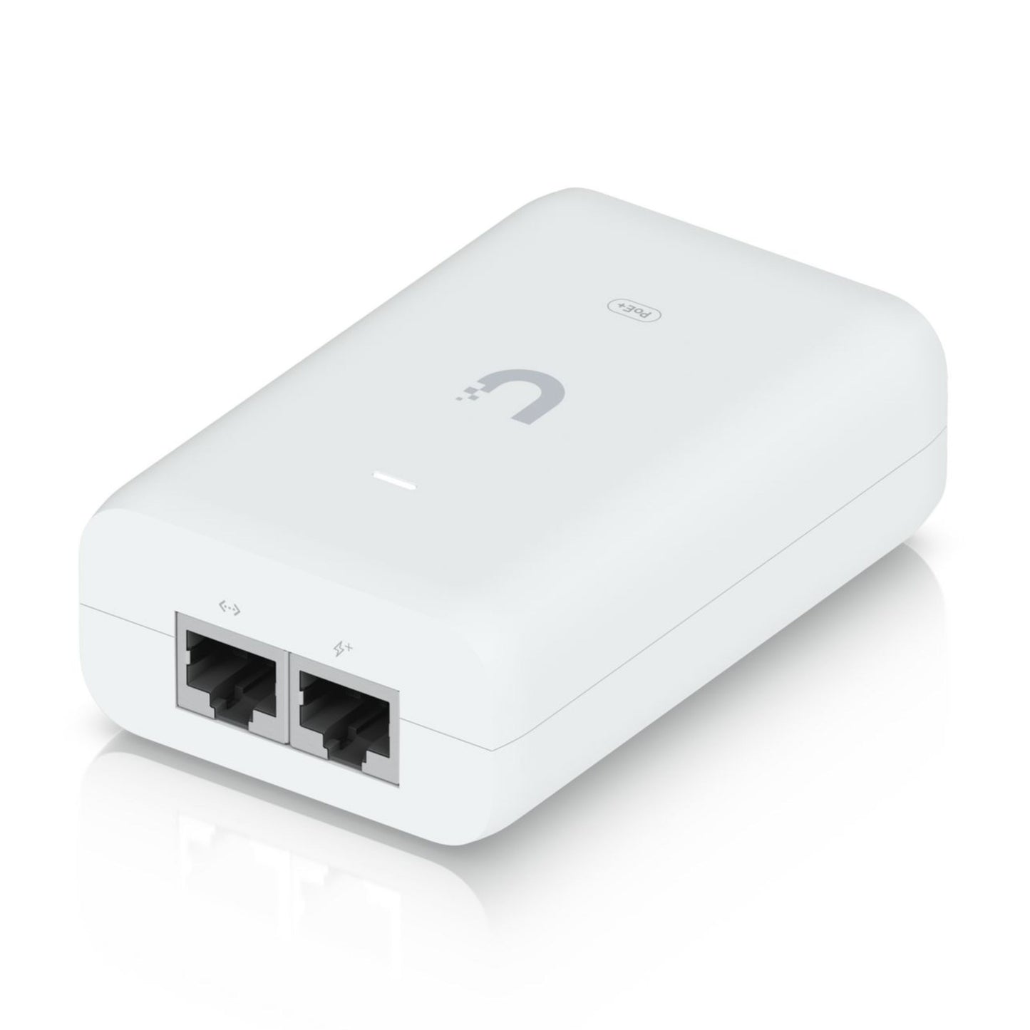 Ubiquiti U-POE+ injektor 30W, hvid rektangulær med to Ethernet-porte og lille U-formet logo på toppen.