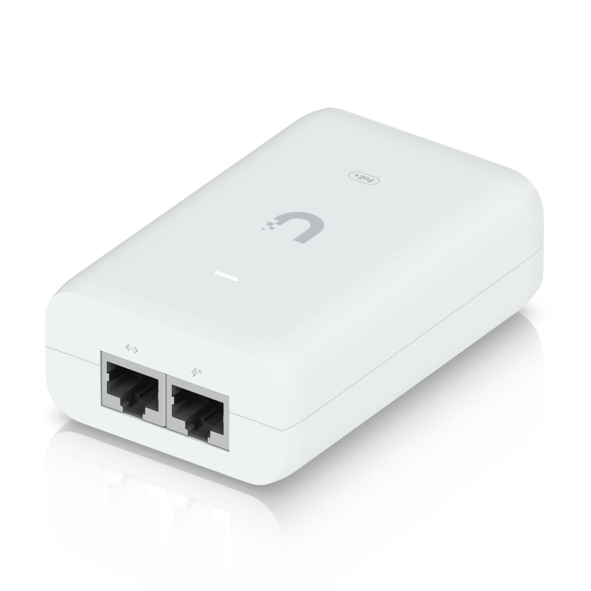 Ubiquiti U-POE+ injektor 30W, hvid rektangulær med to Ethernet-porte og lille U-formet logo på toppen.