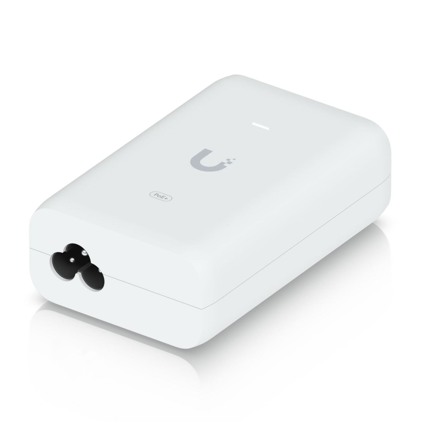 Ubiquiti U-POE+ injektor 30W, hvid, rektangulær med afrundede kanter, strømindgang i enden, logo på toppen.