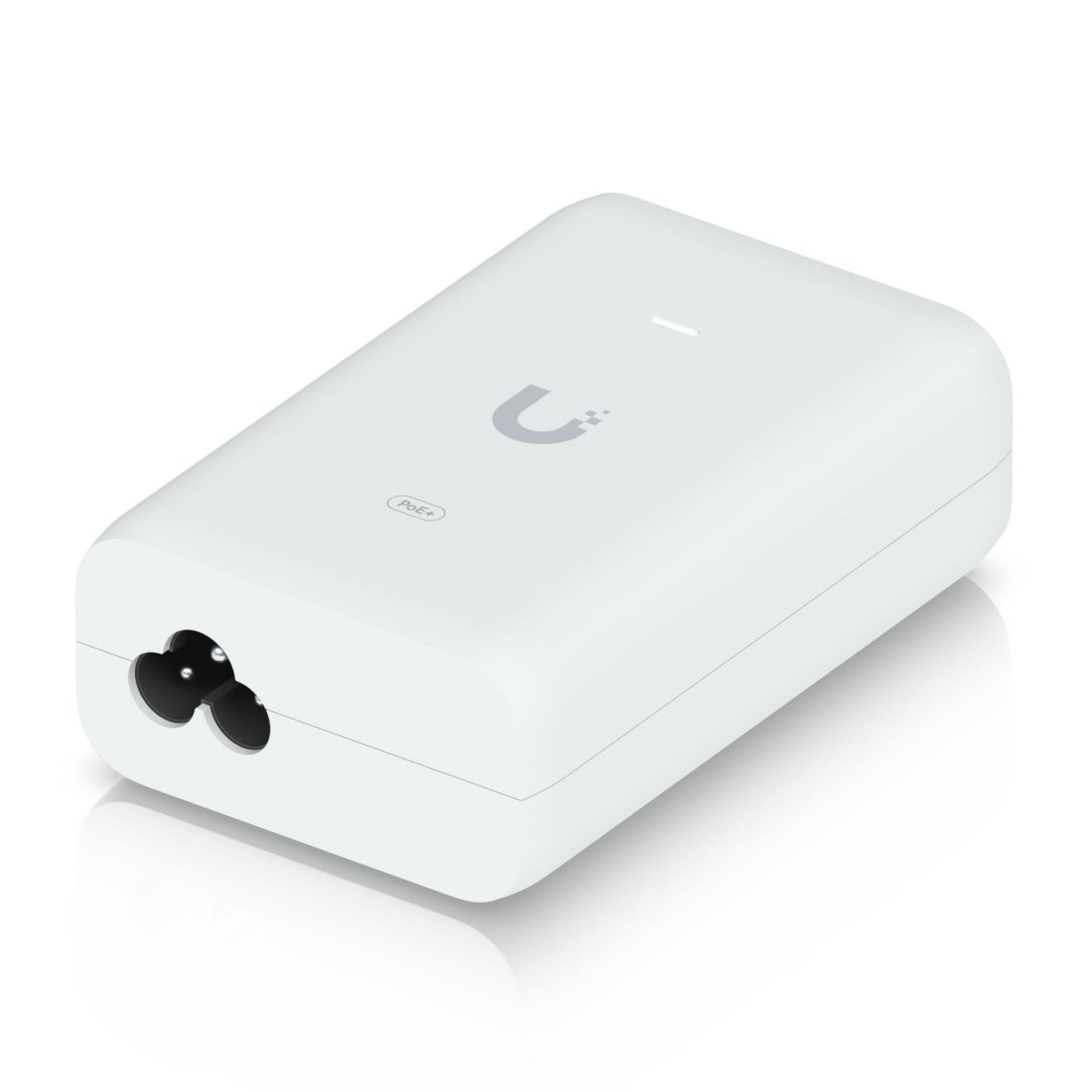 Ubiquiti U-POE+ injektor 30W, hvid, rektangulær med afrundede kanter, strømindgang i enden, logo på toppen.
