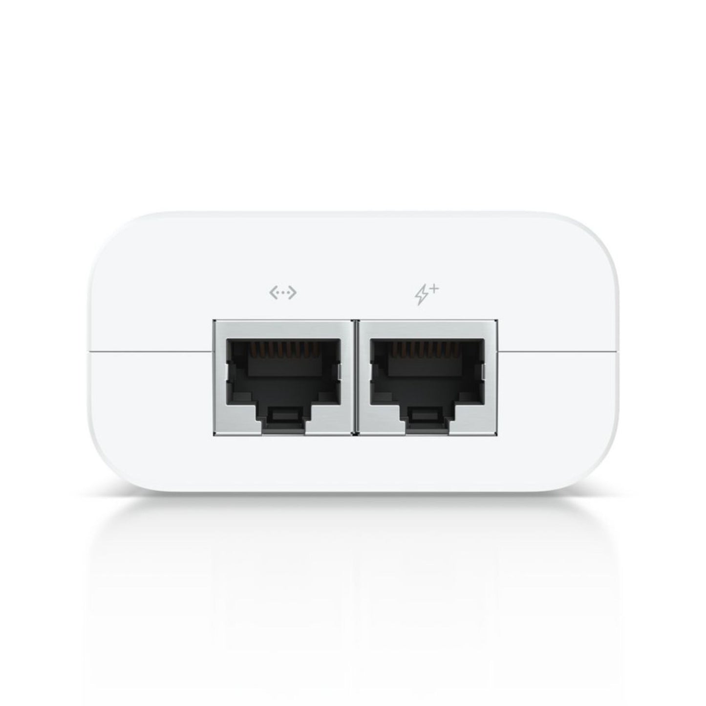Ubiquiti U-POE+ injektor 30W hvid med to frontvendte Ethernet-porte med symboler til UniFi accesspunkter.