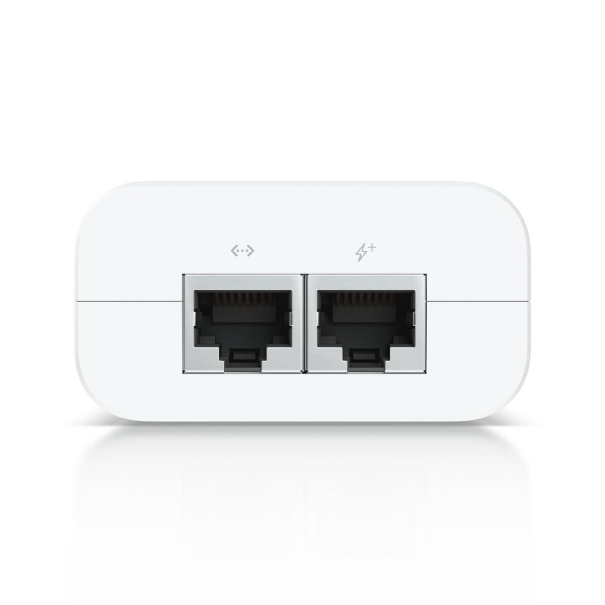 Ubiquiti U-POE+ injektor 30W hvid med to frontvendte Ethernet-porte med symboler til UniFi accesspunkter.