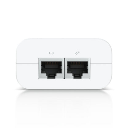 Ubiquiti U-POE+ injektor 30W hvid med to frontvendte Ethernet-porte med symboler til UniFi accesspunkter.