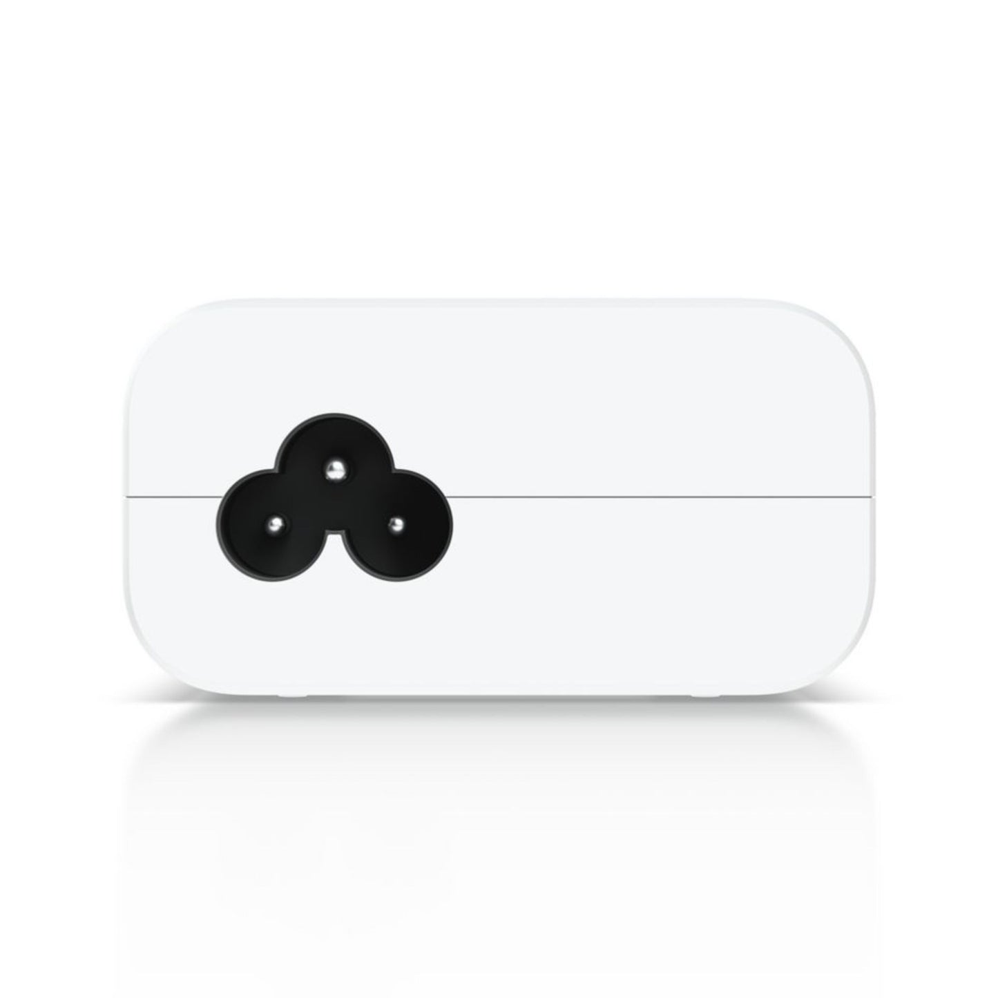 Ubiquiti U-POE+ injektor 30W, hvid, rektangulær med afrundede kanter og sort trefaset stik.