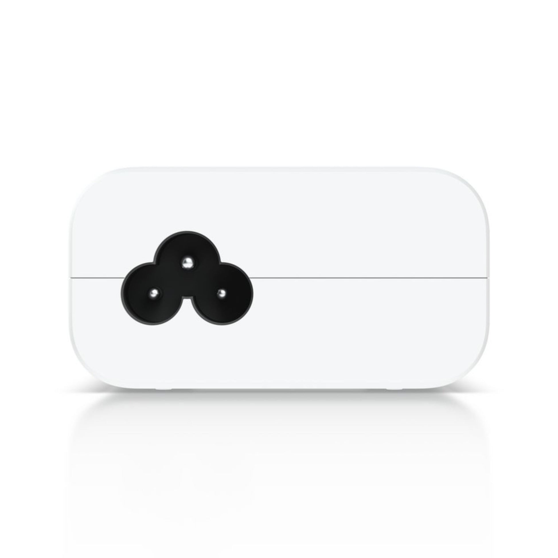 Ubiquiti U-POE+ injektor 30W, hvid, rektangulær med afrundede kanter og sort trefaset stik.