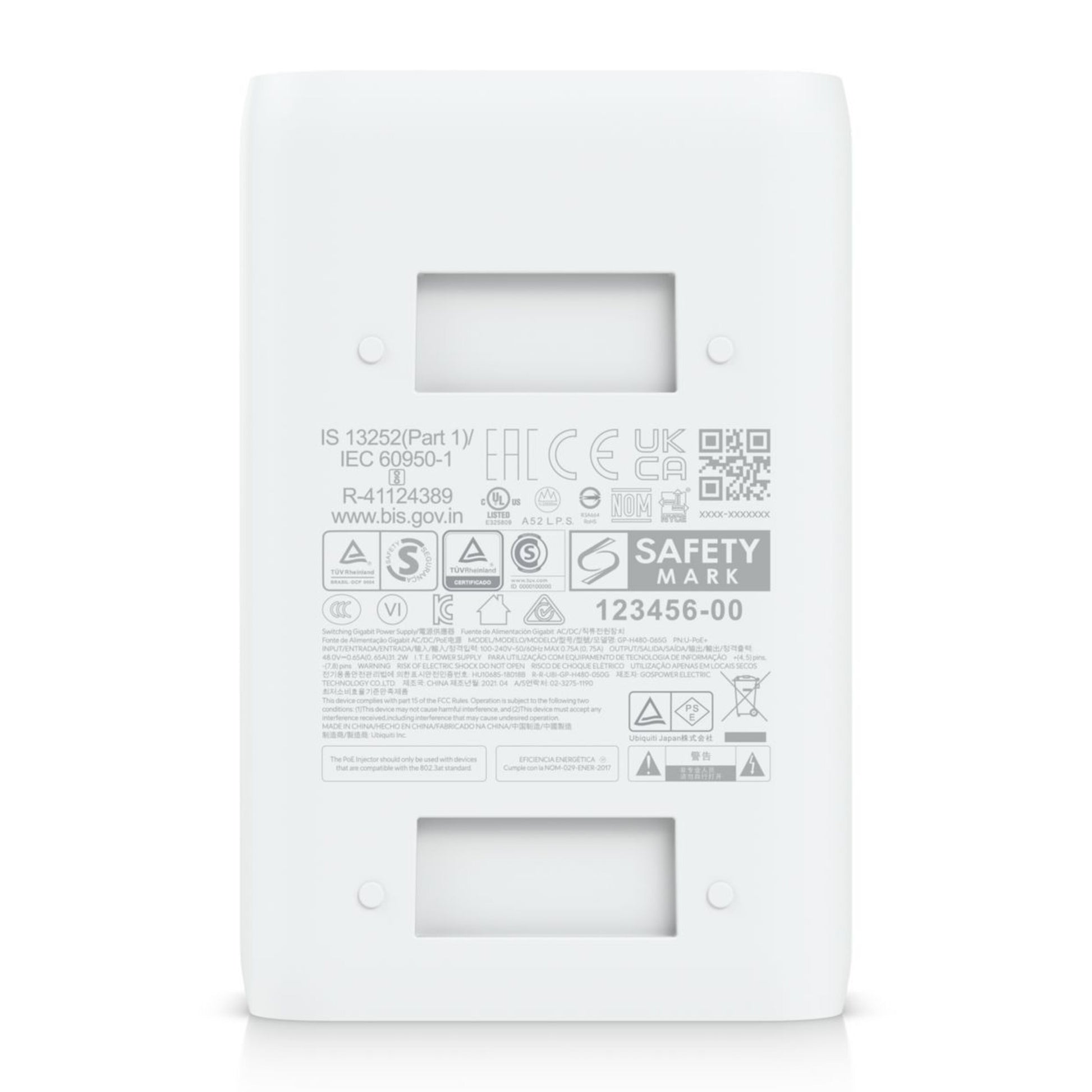 Ubiquiti U-POE+ injektor 30W bagfra, certificeringslogoer, regulatorisk info, stregkoder og 2 rektangulære udskæringer.