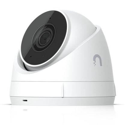Ubiquiti UniFi Protect G5 Turret Ultra POE overvågningskamera hvid, sort linseområde, Ubiquiti-logo, IP66.