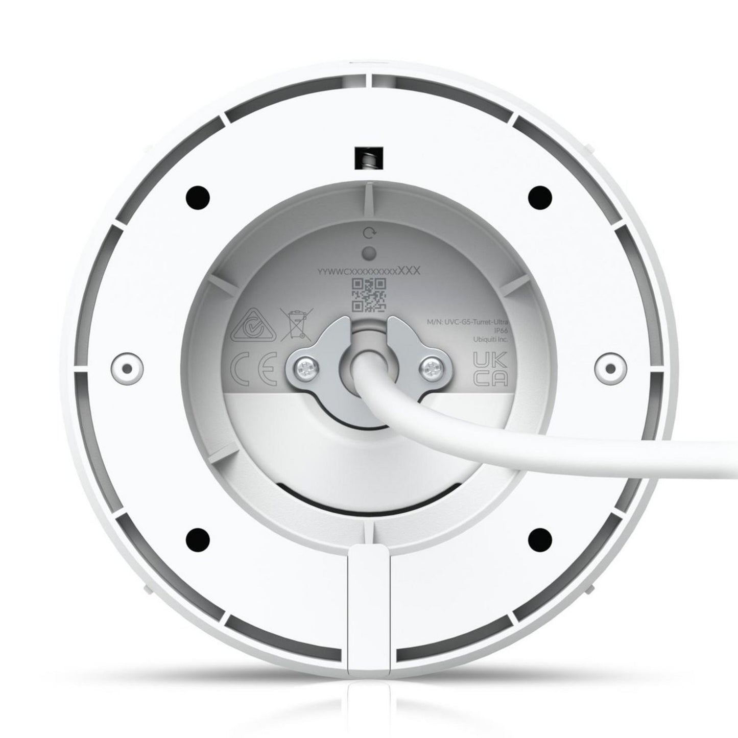 Ubiquiti UniFi Protect G5 Turret Ultra hvid IP66 POE-kamera underside med centralt kabel, certificeringslogoer og QR-kode.
