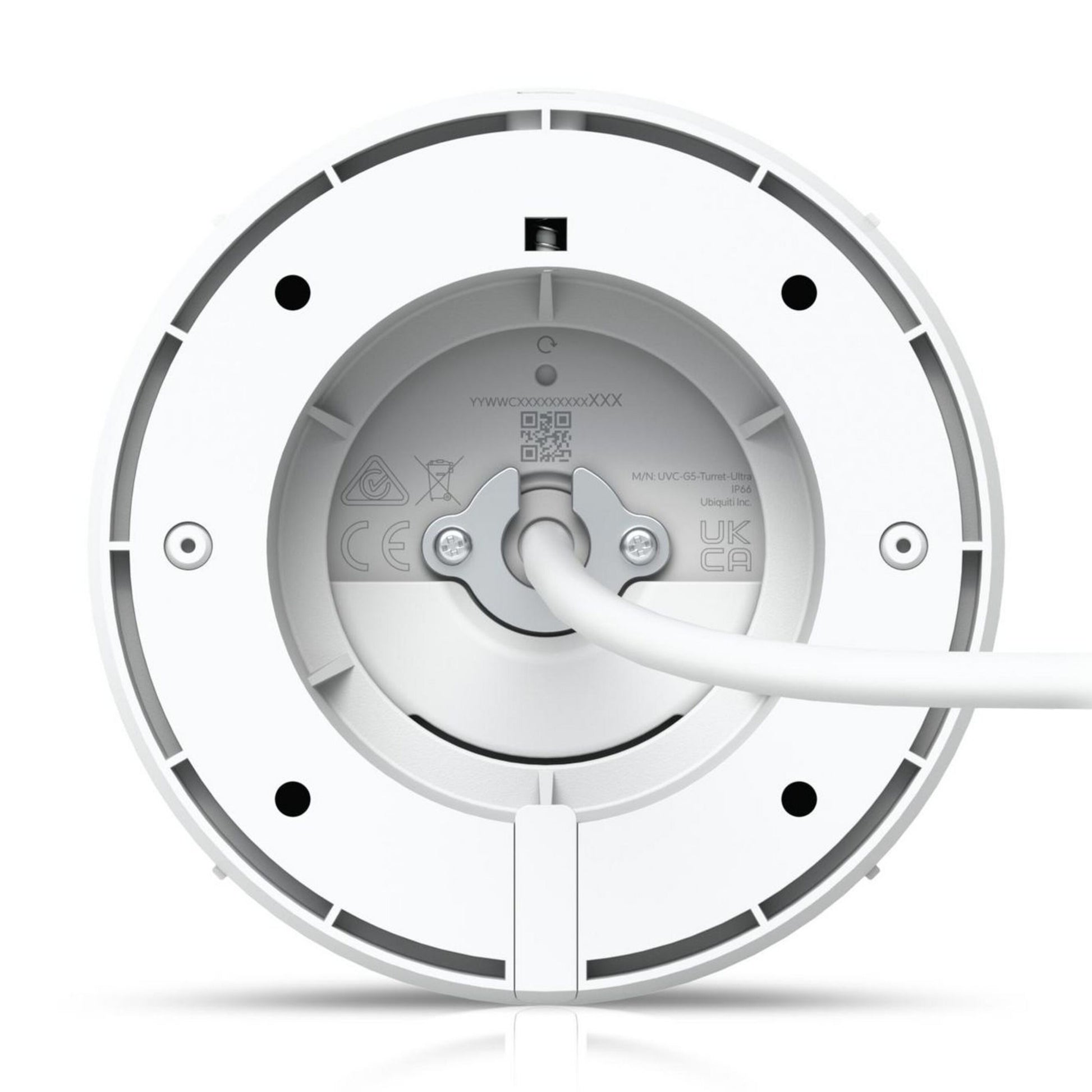 Ubiquiti UniFi Protect G5 Turret Ultra hvid IP66 POE-kamera underside med centralt kabel, certificeringslogoer og QR-kode.
