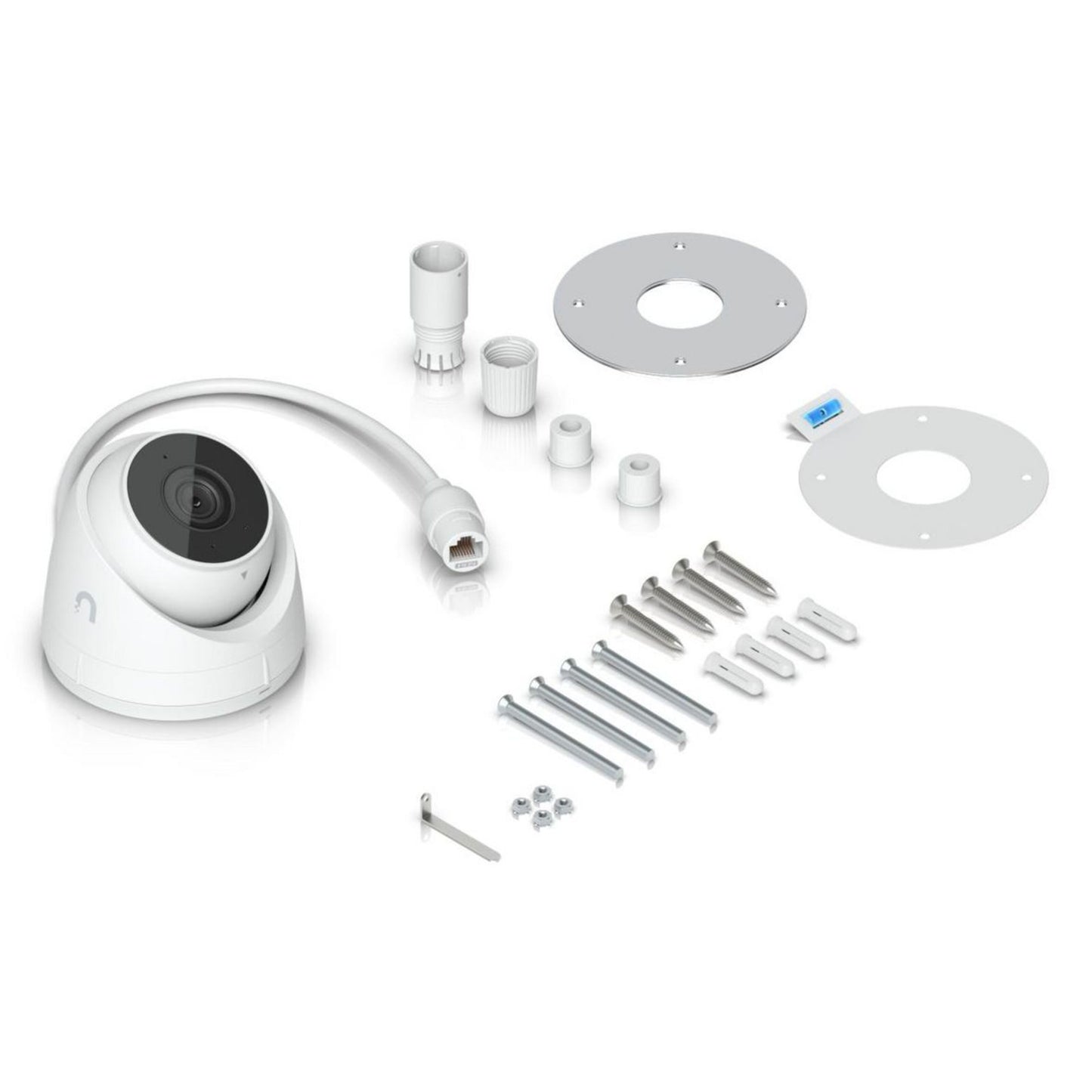 Ubiquiti UniFi Protect G5 Turret Ultra POE-kamera hvid, IP66, inkl. monteringsbeslag, skruer, rawlplugs og Allen-nøgle.