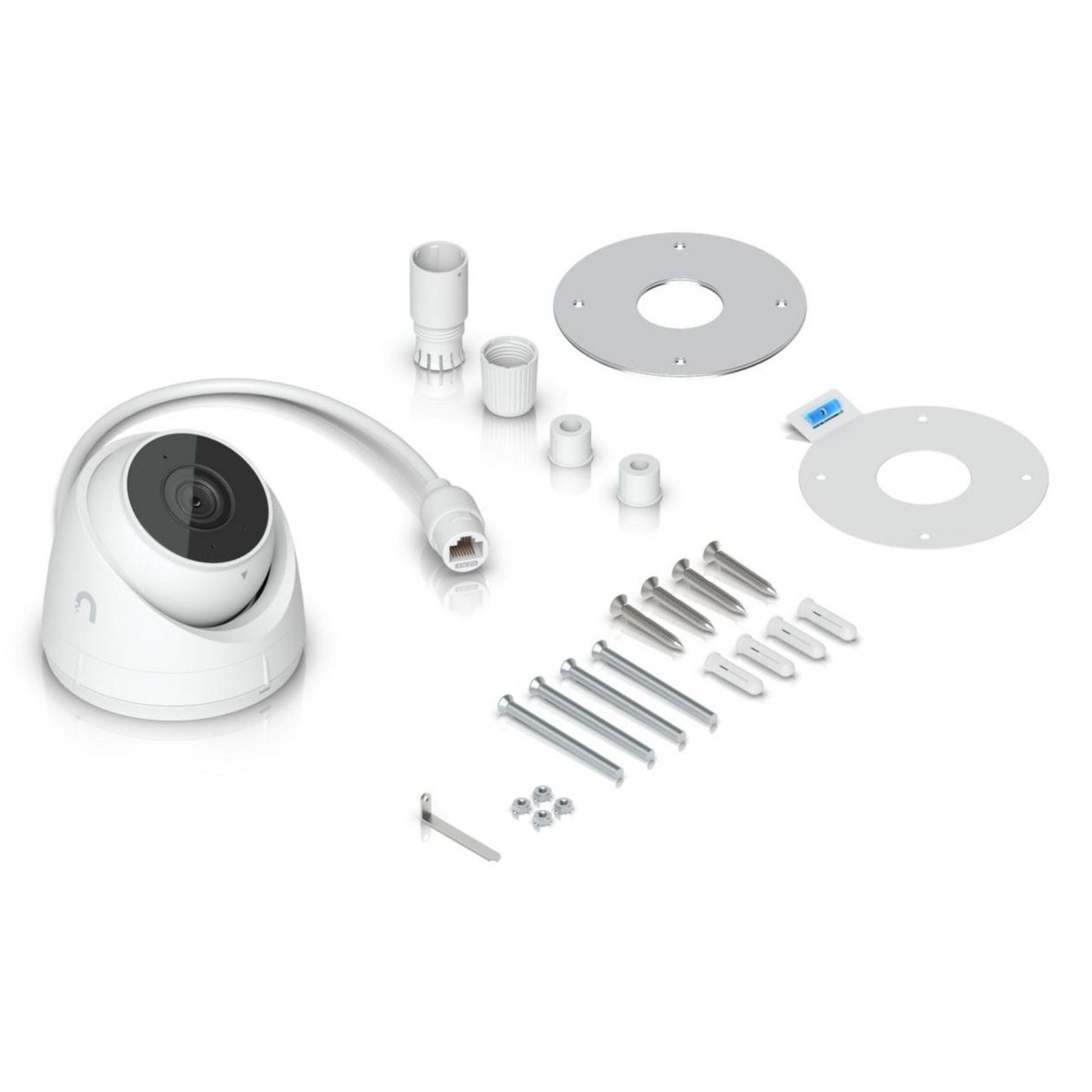 Ubiquiti UniFi Protect G5 Turret Ultra POE-kamera hvid, IP66, inkl. monteringsbeslag, skruer, rawlplugs og Allen-nøgle.
