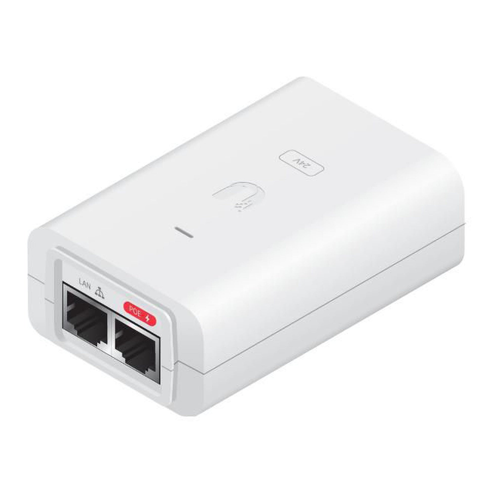 Ubiquiti PoE-injektor 24V 12W, hvid rektangulær, til Ethernet-port (LAN, PoE IN), knap og indikatorlys øverst.