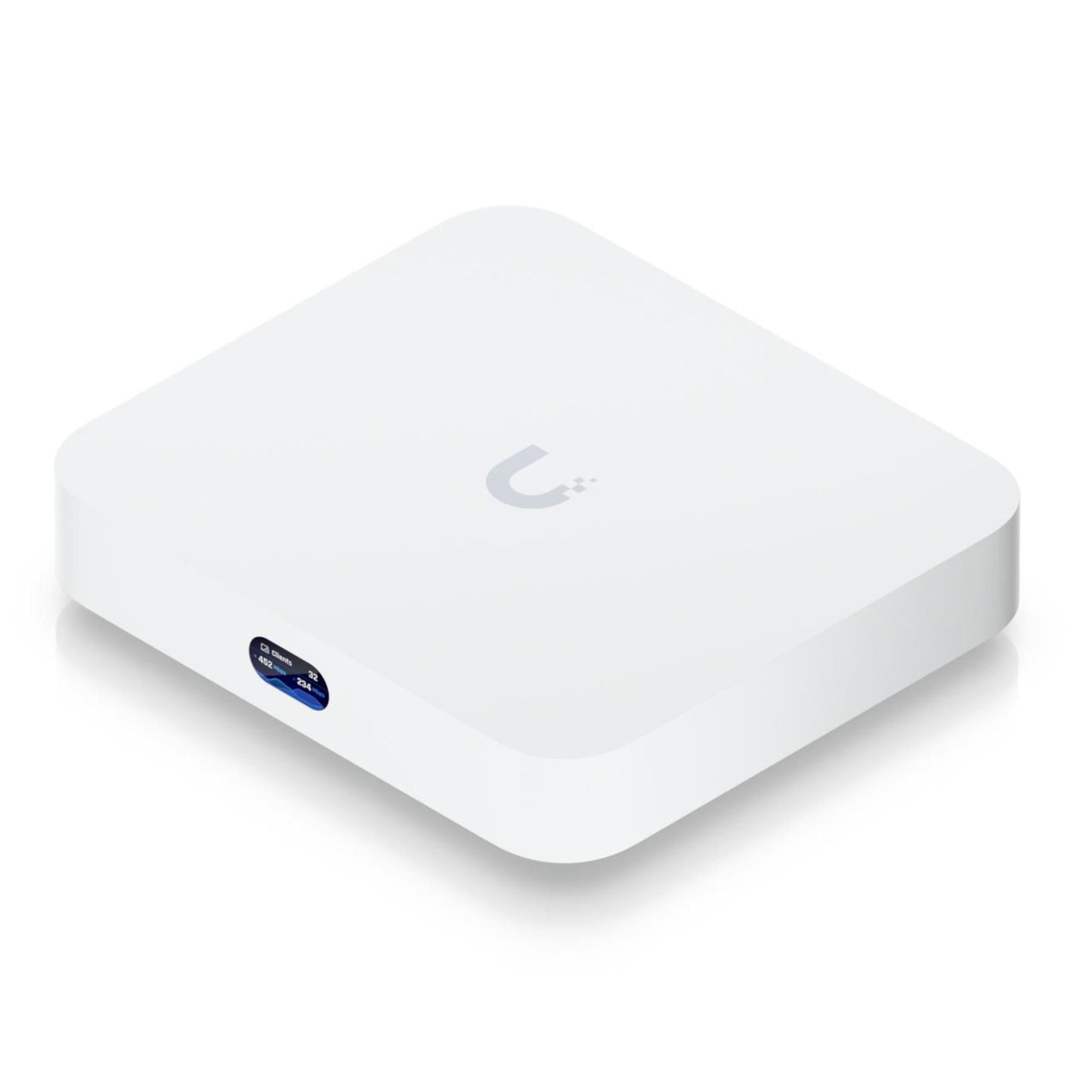 Ubiquiti Cloud Gateway Ultra, firkantet router, afrundede kanter, Ubiquiti-logo på top, sideport eller knap.