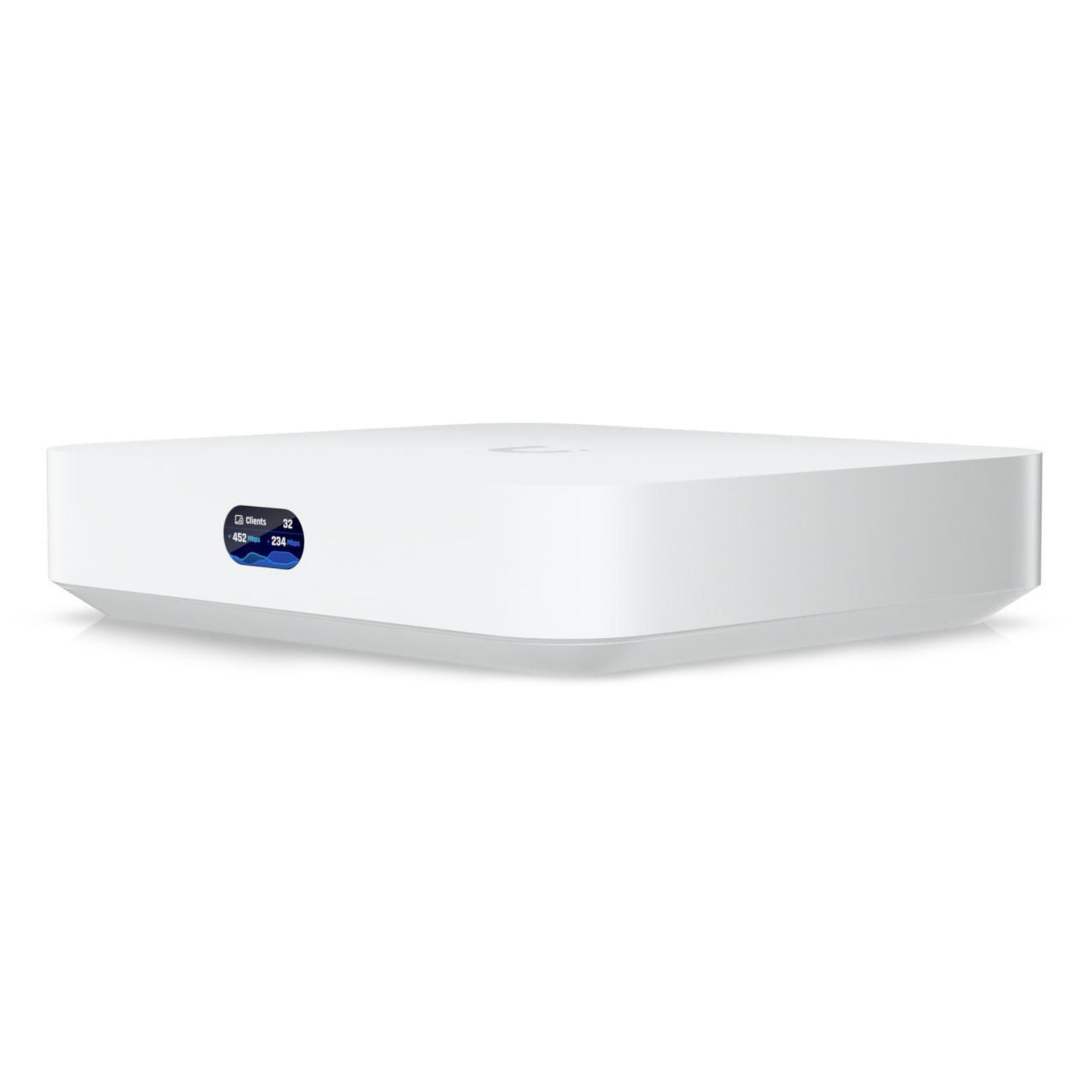 Ubiquiti Cloud Gateway Ultra, hvid, rektangulær med afrundede kanter og blå indikatorpanel til UniFi-integration.