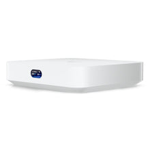 Ubiquiti Cloud Gateway Ultra, hvid, rektangulær med afrundede kanter og blå indikatorpanel til UniFi-integration.