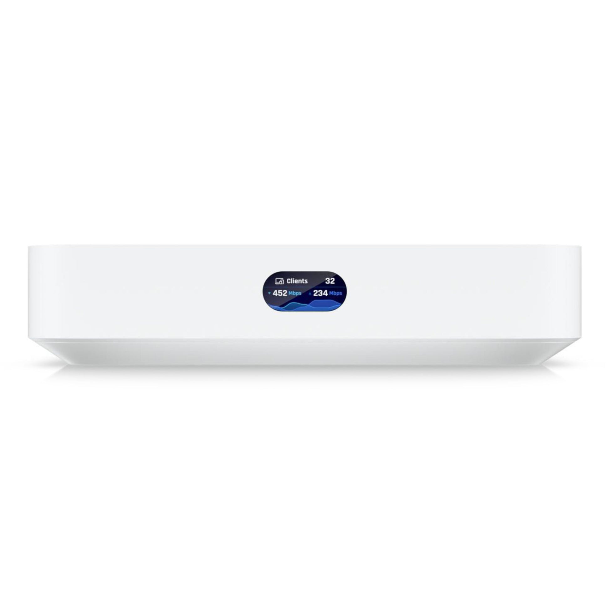 Ubiquiti Cloud Gateway Ultra router hvid, 32 klienter tilsluttet, 452 Mbps download, 234 Mbps upload.
