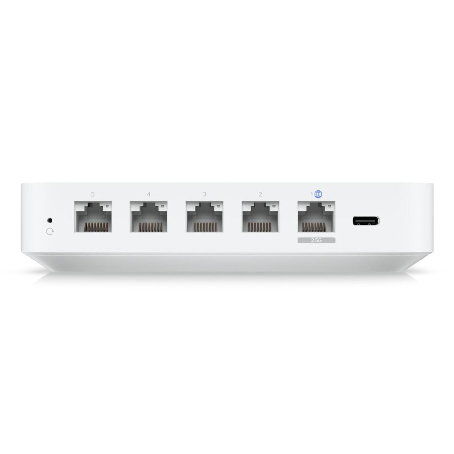 Ubiquiti Cloud Gateway Ultra bagside med fem Ethernet-porte og én USB-C-port.