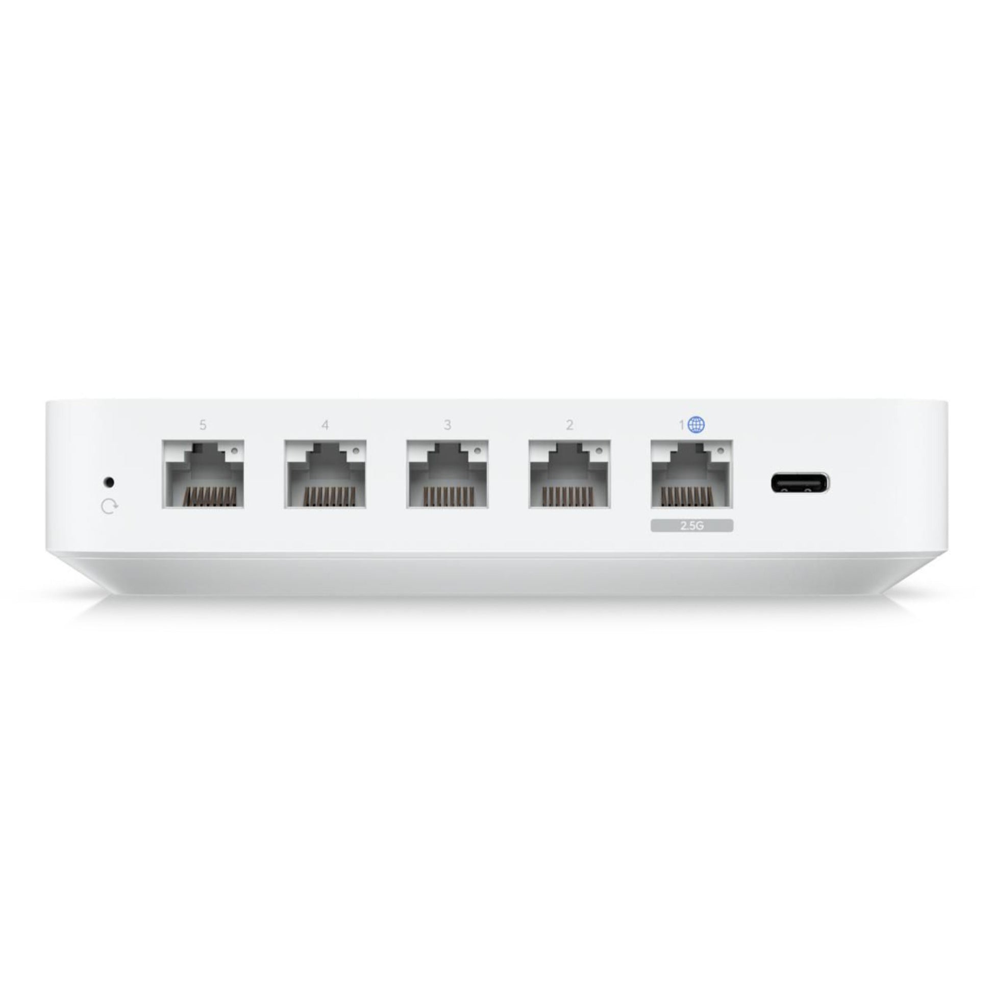 Ubiquiti Cloud Gateway Ultra bagside med fem Ethernet-porte og én USB-C-port.