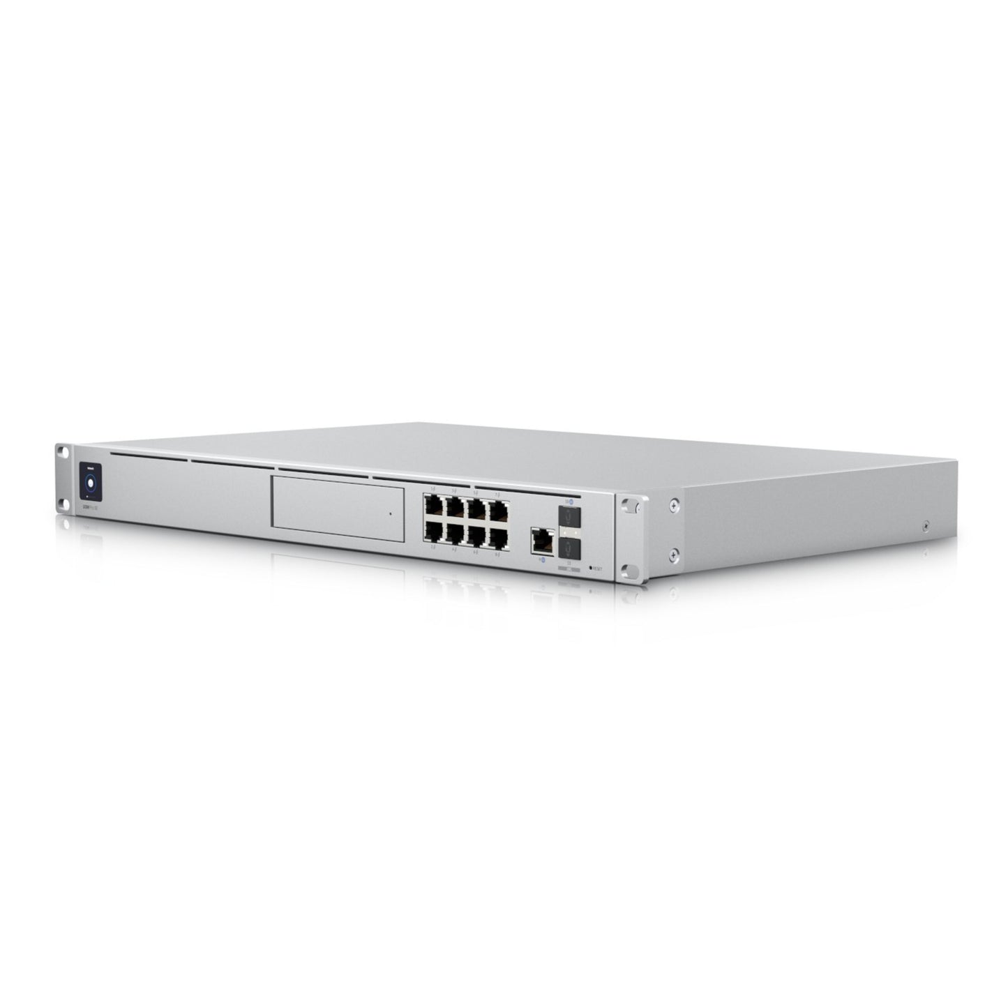 Ubiquiti Unifi Dream Machine Special Edition UDM-SE-EU sølv 1U rackmount med 8 Ethernet-porte, konsolport, PoE+, power-knap.