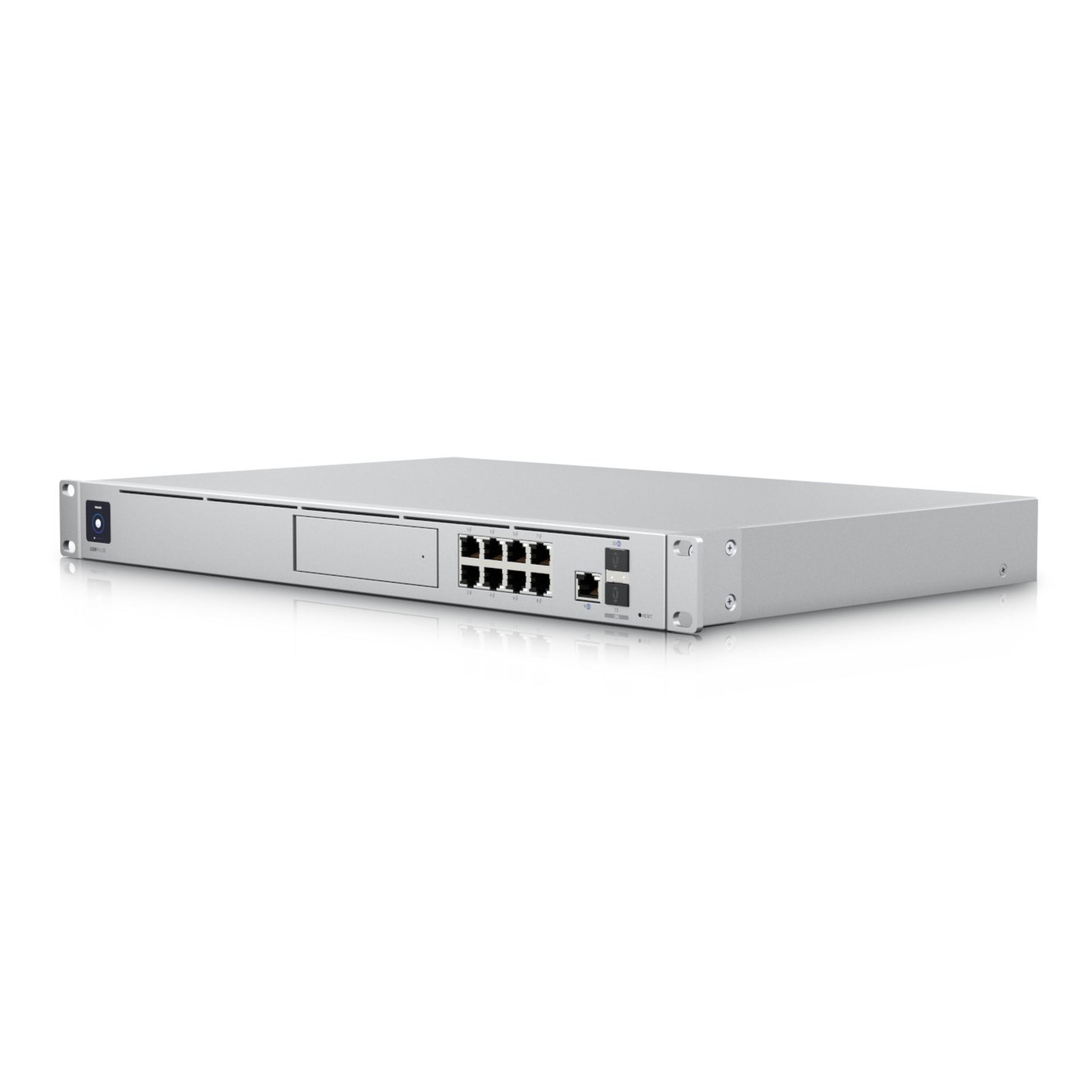 Ubiquiti Unifi Dream Machine Special Edition UDM-SE-EU sølv 1U rackmount med 8 Ethernet-porte, konsolport, PoE+, power-knap.