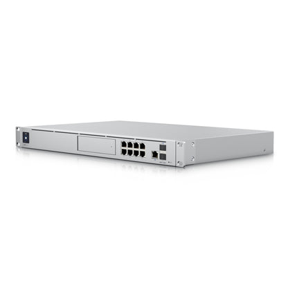 Ubiquiti Unifi Dream Machine Special Edition UDM-SE-EU sølv 1U rackmount med 8 Ethernet-porte, konsolport, PoE+, power-knap.