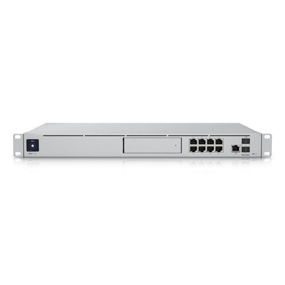 Ubiquiti Unifi UDM-SE-EU Dream Machine Special Edition PoE+ switch sølv, flere Ethernet-porte, venstre power-knap, rack-beslag.