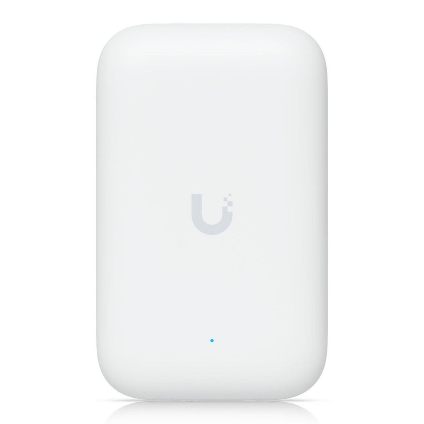 Ubiquiti UniFi Swiss Army Knife Ultra access point, hvid, rektangulær med afrundede hjørner, blåt indikatorlys og U-logo.