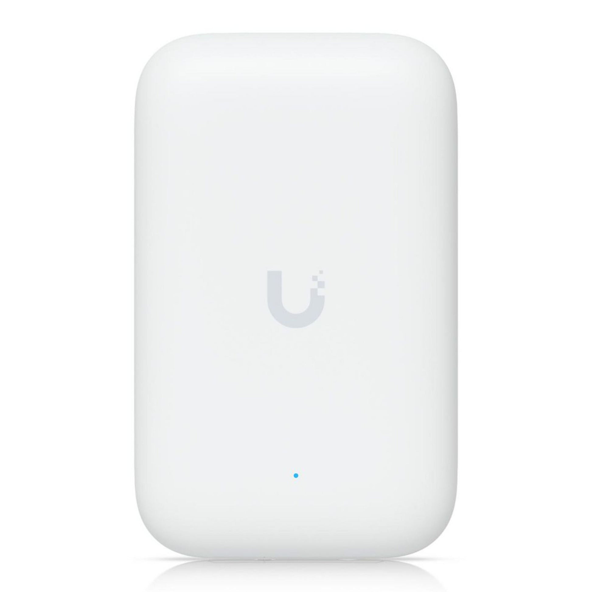 Ubiquiti UniFi Swiss Army Knife Ultra access point, hvid, rektangulær med afrundede hjørner, blåt indikatorlys og U-logo.