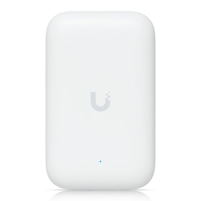 Ubiquiti UniFi Swiss Army Knife Ultra access point, hvid, rektangulær med afrundede hjørner, blåt indikatorlys og U-logo.