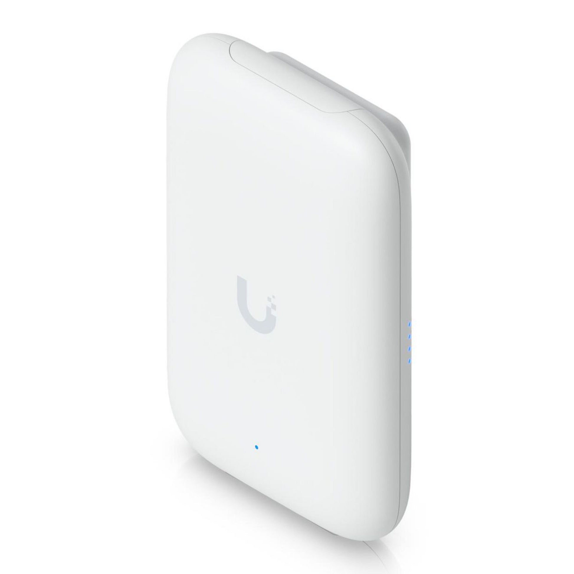 Ubiquiti UniFi Swiss Army Knife Ultra adgangspunkt med runde kanter, U-logo, små LED-indikatorer, PoE strømforsyning.