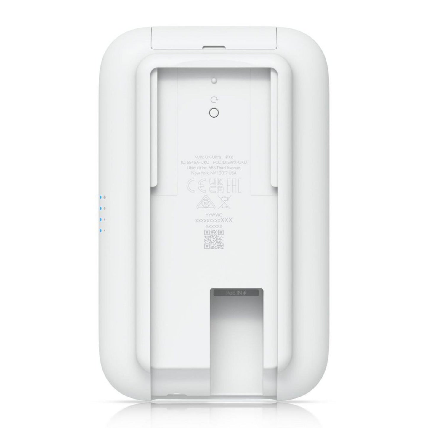 Ubiquiti UniFi Swiss Army Knife Ultra adgangspunkt, hvid med rektangulær åbning, blå LED, certifikater, PoE-understøttelse.
