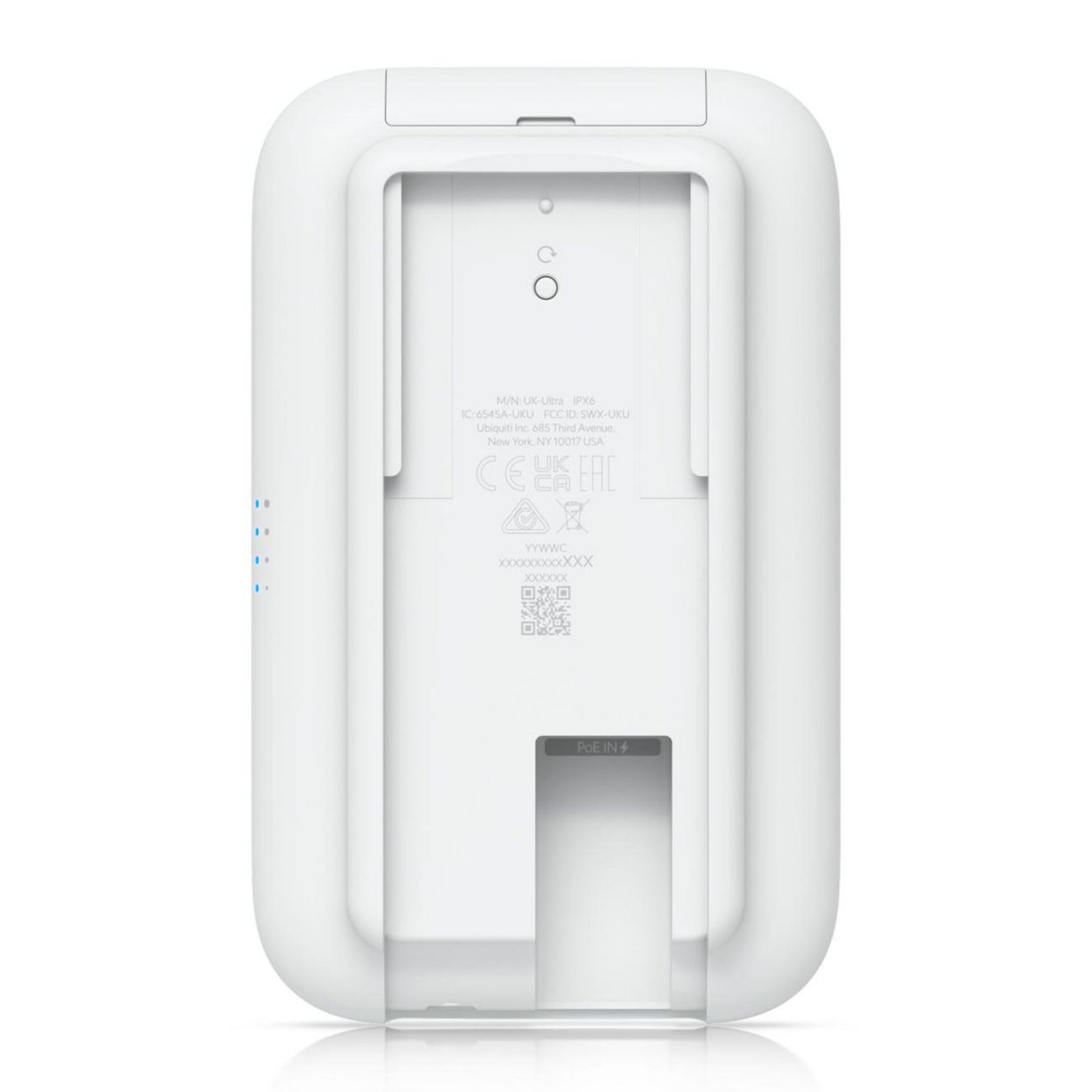 Ubiquiti UniFi Swiss Army Knife Ultra adgangspunkt, hvid med rektangulær åbning, blå LED, certifikater, PoE-understøttelse.