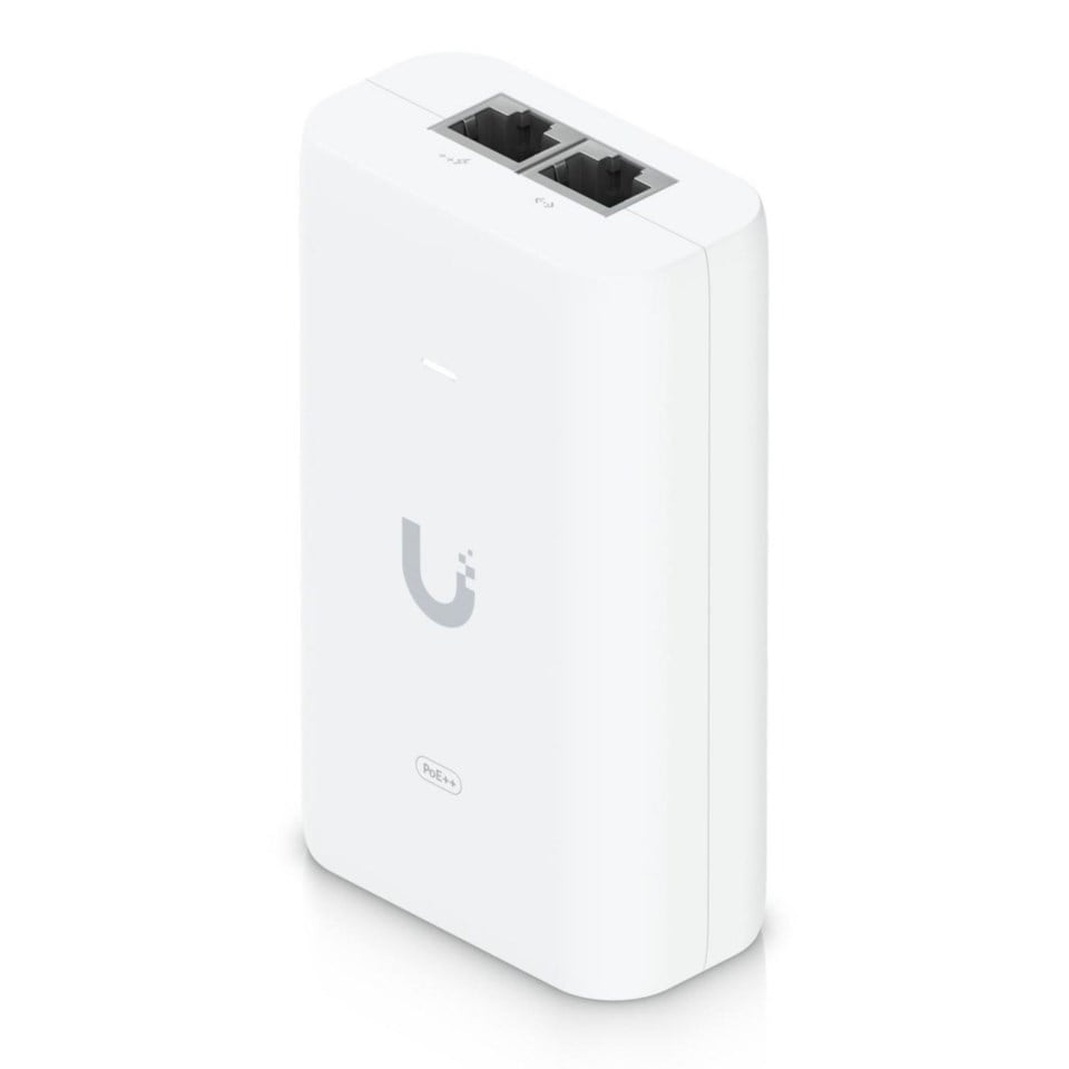 Ubiquiti U-PoE++ PoE-injektor, hvid, 48 V 60 W, to Gigabit Ethernet porte ovenpå, U-logo på fronten.